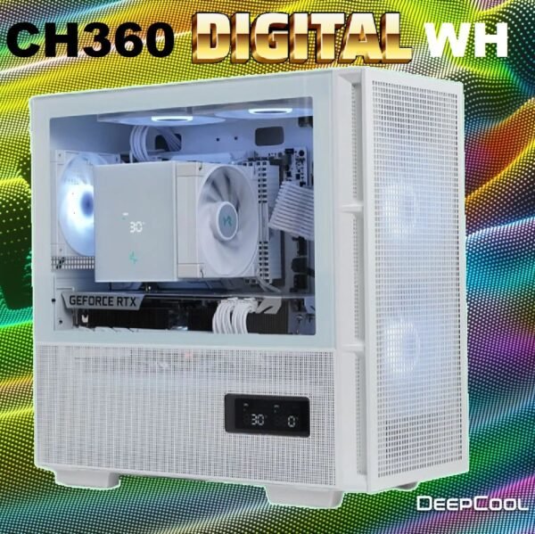 2025/12/1000381411.jpg DEEPCOOL CH360 DIGITAL WH ARGB mATX White Gaming Case – Supports Mini-ITX / Micro-ATX – Build in One 120mm & Two 140mm ARGB Fans | REAL-TIME DUAL-STATUS DIGITAL DISPLAY | USB3.0, Audio , TYPE-C Front I/O Ports | Tempered Glass Window | WHITE R-CH360-WHAPE3D-G-1