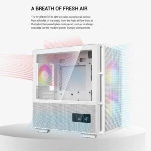 2025/12/1000381412.jpg DEEPCOOL CH360 DIGITAL WH ARGB mATX White Gaming Case – Supports Mini-ITX / Micro-ATX – Build in One 120mm & Two 140mm ARGB Fans | REAL-TIME DUAL-STATUS DIGITAL DISPLAY | USB3.0, Audio , TYPE-C Front I/O Ports | Tempered Glass Window | WHITE R-CH360-WHAPE3D-G-1