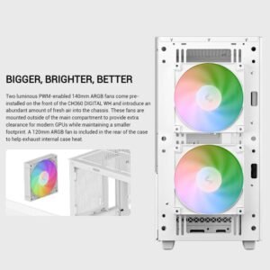 2025/12/1000381413.jpg DEEPCOOL CH360 DIGITAL WH ARGB mATX White Gaming Case – Supports Mini-ITX / Micro-ATX – Build in One 120mm & Two 140mm ARGB Fans | REAL-TIME DUAL-STATUS DIGITAL DISPLAY | USB3.0, Audio , TYPE-C Front I/O Ports | Tempered Glass Window | WHITE R-CH360-WHAPE3D-G-1
