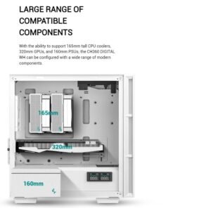 2025/12/1000381417.jpg DEEPCOOL CH360 DIGITAL WH ARGB mATX White Gaming Case – Supports Mini-ITX / Micro-ATX – Build in One 120mm & Two 140mm ARGB Fans | REAL-TIME DUAL-STATUS DIGITAL DISPLAY | USB3.0, Audio , TYPE-C Front I/O Ports | Tempered Glass Window | WHITE R-CH360-WHAPE3D-G-1