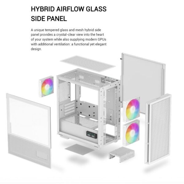 2025/12/1000381418.jpg DEEPCOOL CH360 DIGITAL WH ARGB mATX White Gaming Case – Supports Mini-ITX / Micro-ATX – Build in One 120mm & Two 140mm ARGB Fans | REAL-TIME DUAL-STATUS DIGITAL DISPLAY | USB3.0, Audio , TYPE-C Front I/O Ports | Tempered Glass Window | WHITE R-CH360-WHAPE3D-G-1