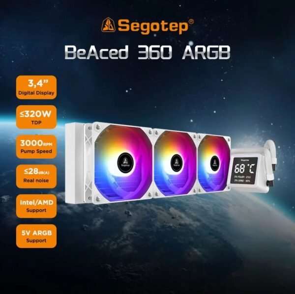 2025/12/1000381495.jpg SEGOTEP BeAced 360 Liquid Cooler | 3x ARGB Fans | Digital Display | 360mm Radiator | Quiet Pump | Hydraulic Bearing | PWM Cooling | White