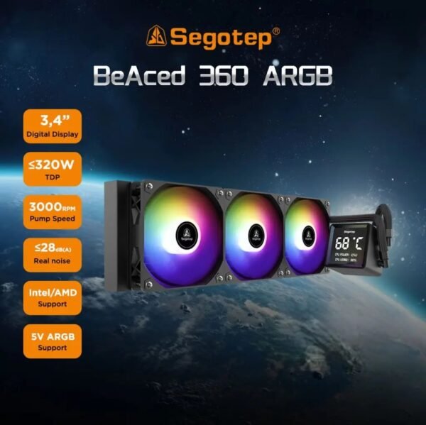 2025/12/1000381500.jpg SEGOTEP BeAced 360 Liquid Cooler | 3x ARGB Fans | Digital Display | 360mm Radiator | Quiet Pump | Hydraulic Bearing | PWM Cooling | Black