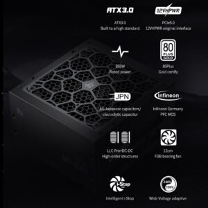 2025/12/1000381508-1.jpg Segotep MU-850G Full Modular 850W PSU – ATX 3.0 + PCIe 5.0 Ready, 80 Plus Gold Certified, All-Japanese Capacitors, Silent FDB Fan | BLACK