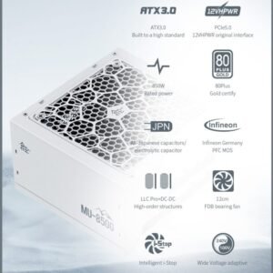 Segotep MU-850G Full Modular 850W PSU – ATX 3.0 + PCIe 5.0 Ready, 80 Plus Gold Certified, All-Japanese Capacitors, Silent FDB Fan | WHITE