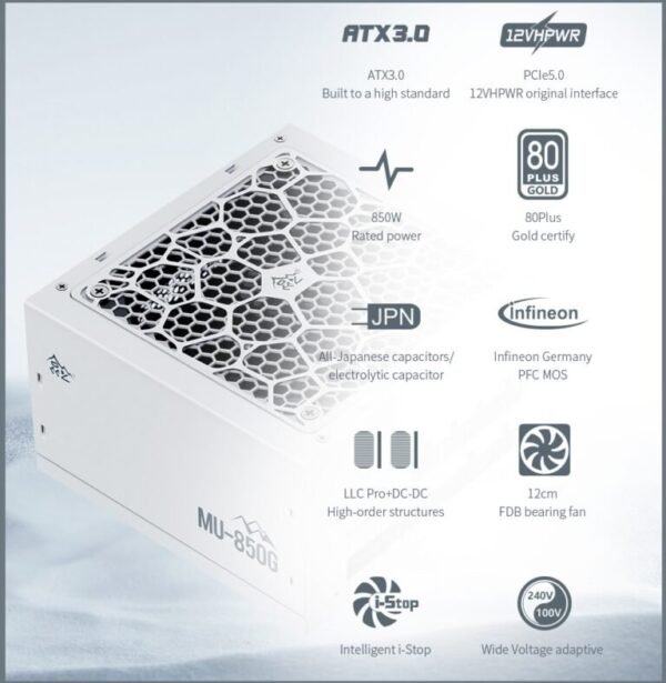 Segotep MU-850G Full Modular 850W PSU – ATX 3.0 + PCIe 5.0 Ready, 80 Plus Gold Certified, All-Japanese Capacitors, Silent FDB Fan | WHITE