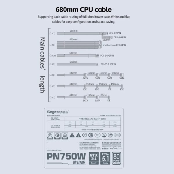 2025/12/1000381560.jpg Segotep PN750W | 80+ Platinum | ATX 3.1 | 750W Fully Modular PSU | PCIe 5.1 | AI Temp Control | Silent Fan | Premium Power for Modern PCs | White