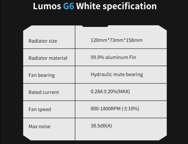SEGOTEP LUMOS G6 – Air CPU Cooler ARGB Cooling Fan 6 Copper Heat Pipes CPU Radiator with FDB Bearing 120mm Fan PWM 1800 RPM – 82 CFM – RGB Top cover – WHITE