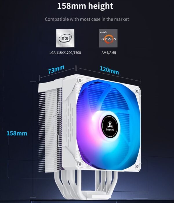 SEGOTEP LUMOS G6 – Air CPU Cooler ARGB Cooling Fan 6 Copper Heat Pipes CPU Radiator with FDB Bearing 120mm Fan PWM 1800 RPM – 82 CFM – RGB Top cover – WHITE
