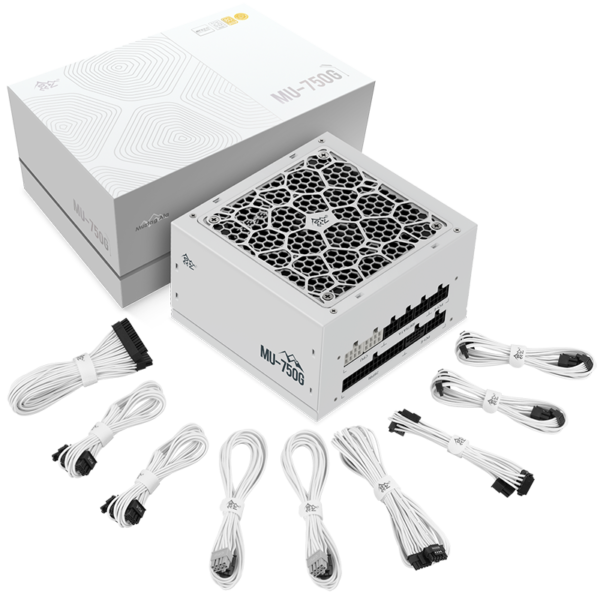 Segotep MU-750G 750W PSU Kunlun 80 Plus Gold Certification ATX 3.0 & PCIe 5.0 Full Modular Power Supply Active PFC FDB Fan LLC Pro + DC-DC Framework – WHITE