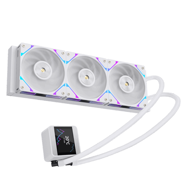 SEGOTEP MU360 Liquid Cooler White 360mm AIO with 2.4-inch IPS Digital Display, Modular ARGB Fans, EPDM Tubing, 9-Pole Pump, <320W TDP Support for Intel and AMD Platforms