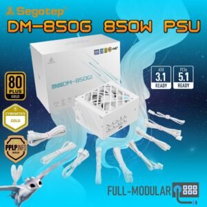Segotep DM-850G 850W Digital Gold Power Supply ATX3.1 PCIe5.1 Ready 80PLUS Gold PPLP Certified Dual-Core MCU AI Monitoring HiMOS USB Blind Plug Compact High-Density Design | WHITE
