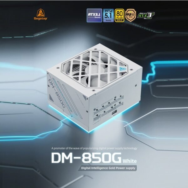 Segotep DM-850G 850W Digital Gold Power Supply ATX3.1 PCIe5.1 Ready 80PLUS Gold PPLP Certified Dual-Core MCU AI Monitoring HiMOS USB Blind Plug Compact High-Density Design | WHITE