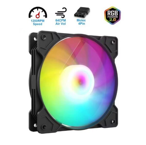 AsiaFox 120mm RGB PC Case Fan Black With Hydro Bearing 1200RPM 64CFM Airflow 24dBA Quiet Operation Molex 4 Pin Connector And 40000 Hour Lifespan