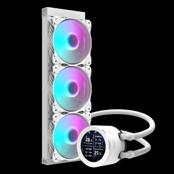 ASIAHORSE 360mm ARGB Liquid Cooler with LCD Display – 3x120mm PWM Fans, 2.8″ IPS Screen, Copper Cold Plate, 65CFM, Intel & AMD Compatible, White