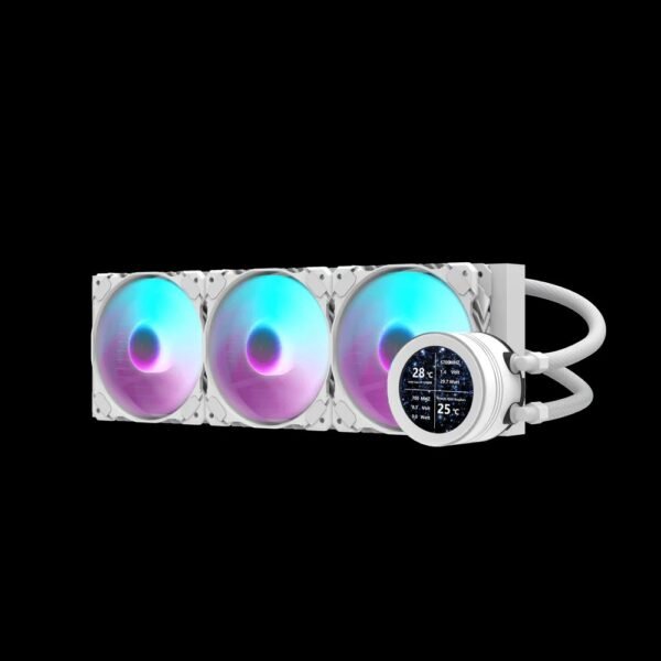 ASIAHORSE 360mm ARGB Liquid Cooler with LCD Display – 3x120mm PWM Fans, 2.8″ IPS Screen, Copper Cold Plate, 65CFM, Intel & AMD Compatible, White