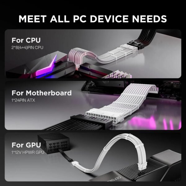 ASIAHORSE 16AWG PCIe 5.0 GPU Extension Cable Snow White – 4-in-1 Kit, 300mm Length, Alloy Copper Terminals, PET Sleeved for RTX 3090Ti, 40 & 50 Series