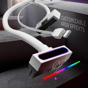 ASIAHORSE Hydrus 24-Pin ARGB PSU Left Extension Cable 500mm White – 18AWG Wires, RGB Lighting, 12V, 20.8A Current, 250W Rated Power, Premium PVC Build