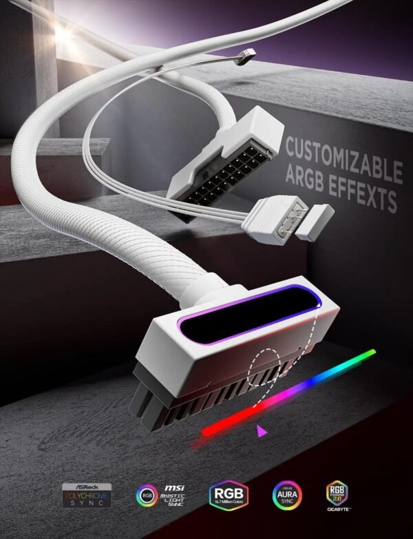 ASIAHORSE Hydrus 24-Pin ARGB PSU Left Extension Cable 500mm White – 18AWG Wires, RGB Lighting, 12V, 20.8A Current, 250W Rated Power, Premium PVC Build