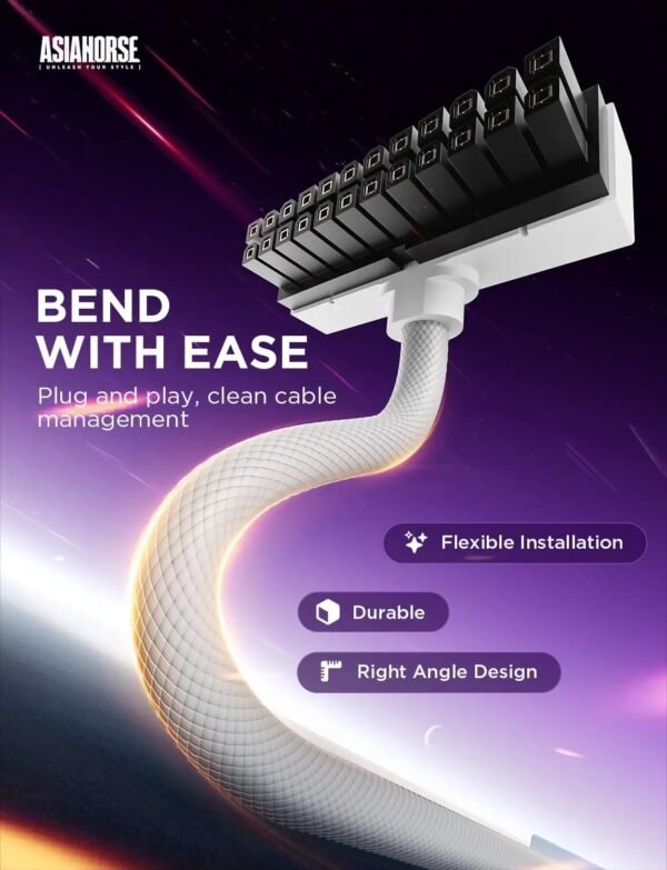 ASIAHORSE Hydrus 24-Pin ARGB PSU Left Extension Cable 500mm White – 18AWG Wires, RGB Lighting, 12V, 20.8A Current, 250W Rated Power, Premium PVC Build