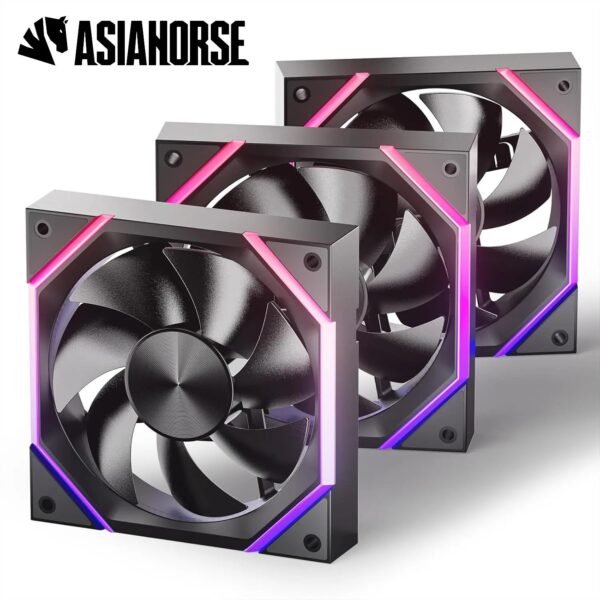 ASIAHORSE NYOTA ARGB 120mm Fan 3-Pack Forward Black – PWM 800–2000RPM, 61.5 CFM Airflow, <29dBA Noise, Hydraulic Bearing, ARGB Sync, High-Performance Cooling