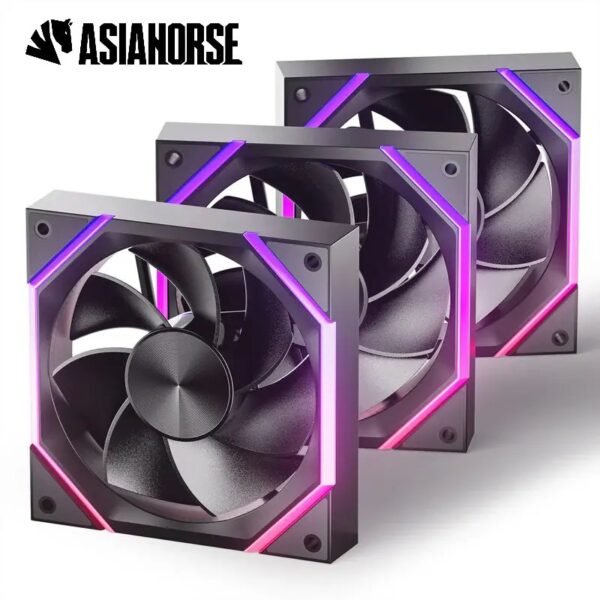 ASIAHORSE NYOTA ARGB 120mm Fan 3-Pack Reverse Black – PWM 800–2000RPM, 61.5 CFM Airflow, <29dBA Noise, Hydraulic Bearing, ARGB Sync, High-Performance Cooling