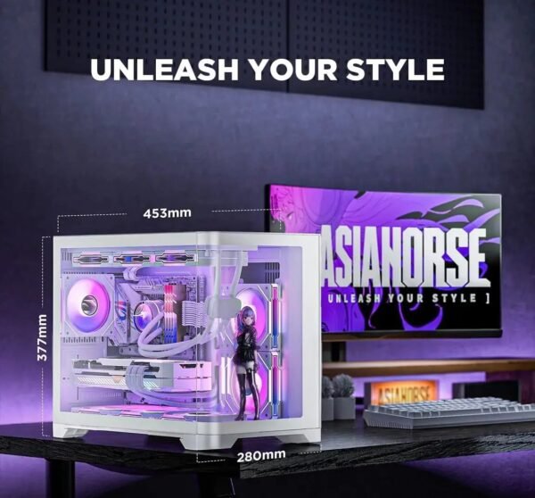 AsiaHorse Pegasus Mid Tower M-ATX Case White – Full Tempered Glass, Curved Panel, Type-C I/O, 360mm Water Cooling Support, 400mm GPU Clearance