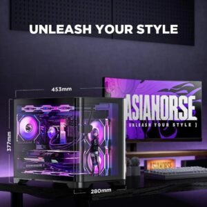AsiaHorse Pegasus Mid Tower M-ATX Case Black – Full Tempered Glass, Curved Panel, Type-C I/O, 360mm Water Cooling Support, 400mm GPU Clearance