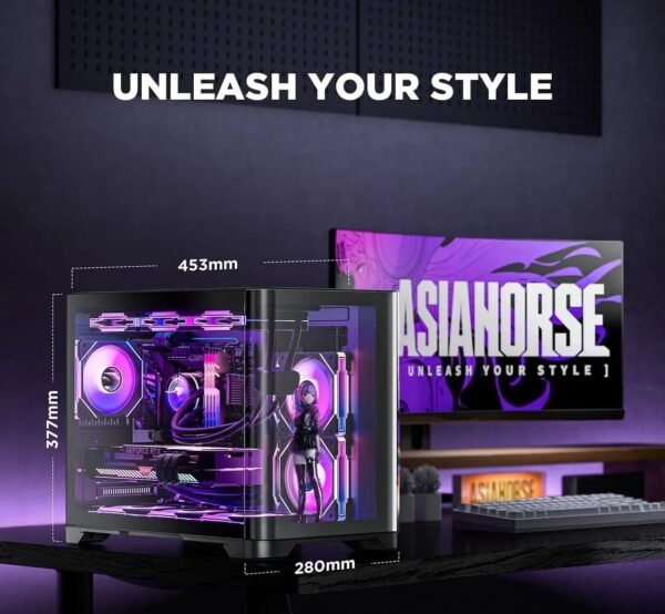AsiaHorse Pegasus Mid Tower M-ATX Case Black – Full Tempered Glass, Curved Panel, Type-C I/O, 360mm Water Cooling Support, 400mm GPU Clearance