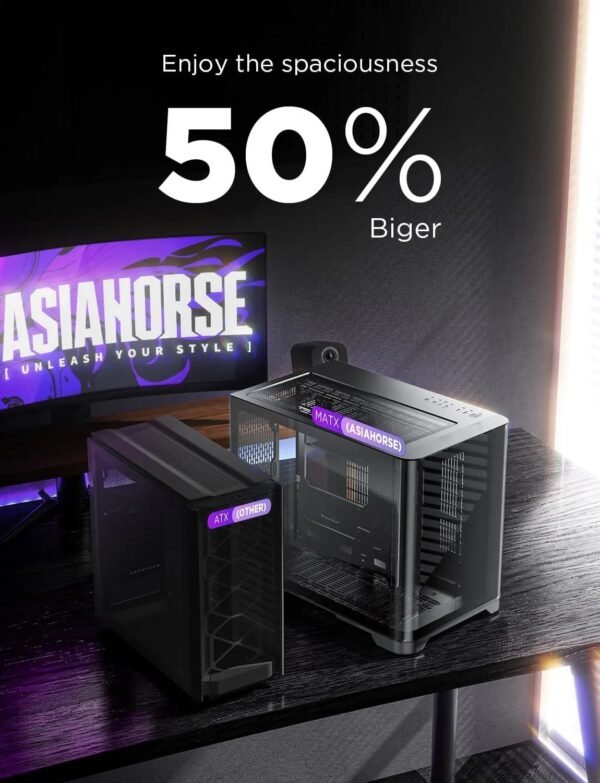 AsiaHorse Pegasus Mid Tower M-ATX Case Black – Full Tempered Glass, Curved Panel, Type-C I/O, 360mm Water Cooling Support, 400mm GPU Clearance