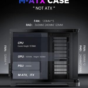 AsiaHorse Pegasus Mid Tower M-ATX Case Black – Full Tempered Glass, Curved Panel, Type-C I/O, 360mm Water Cooling Support, 400mm GPU Clearance