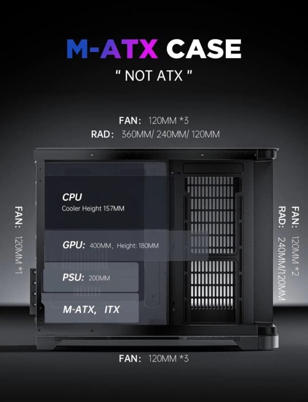 AsiaHorse Pegasus Mid Tower M-ATX Case Black – Full Tempered Glass, Curved Panel, Type-C I/O, 360mm Water Cooling Support, 400mm GPU Clearance