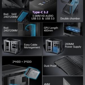 AsiaHorse Pegasus Mid Tower M-ATX Case Black – Full Tempered Glass, Curved Panel, Type-C I/O, 360mm Water Cooling Support, 400mm GPU Clearance