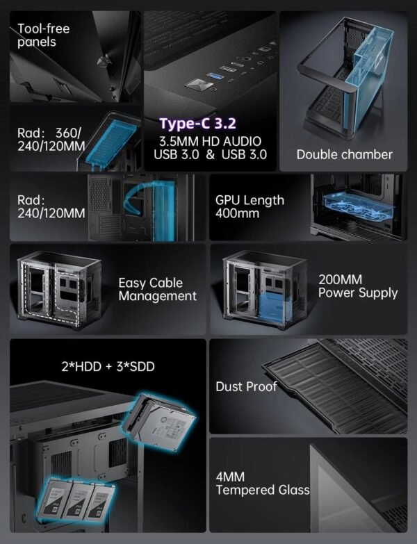 AsiaHorse Pegasus Mid Tower M-ATX Case Black – Full Tempered Glass, Curved Panel, Type-C I/O, 360mm Water Cooling Support, 400mm GPU Clearance