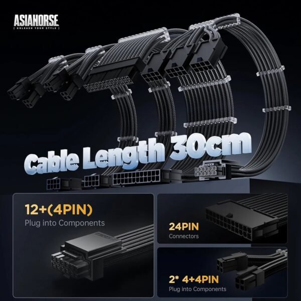 ASIAHORSE 16AWG PCIe 5.0 4KIT to 3-End 180° GPU Extension Cable – 300mm, Alloy Copper Gold-Plated Terminals, Compatible with RTX 3090Ti, 40 & 50 Series (Black)