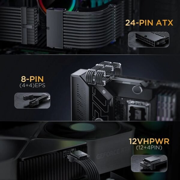 ASIAHORSE 16AWG PCIe 5.0 4KIT to 3-End 180° GPU Extension Cable – 300mm, Alloy Copper Gold-Plated Terminals, Compatible with RTX 3090Ti, 40 & 50 Series (Black)