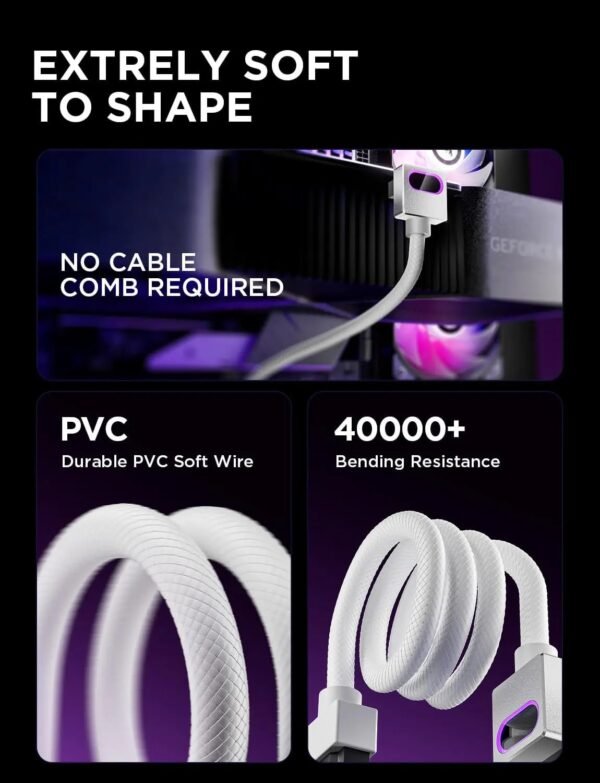 ASIAHORSE Hydrus 16-Pin ARGB GPU B Extension Cable – 700mm, 18AWG, 12V, 30A, 450W Rated Power, Premium PVC Build, Addressable RGB Lighting, White