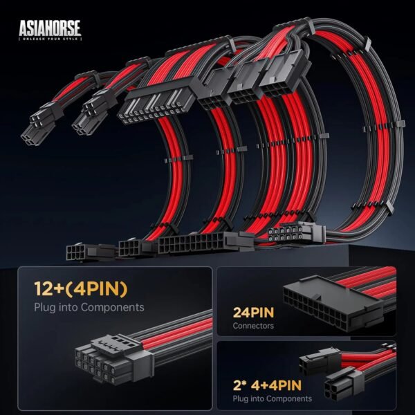2025/12/1000384972.jpg ASIAHORSE 16AWG PCIe 5.0 4KIT to 3-End 180° GPU Extension Cable – 300mm, Alloy Copper Gold-Plated Terminals, Compatible with RTX 3090Ti, 40 & 50 Series, Black Red