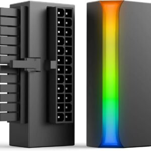 AsiaHorse 24 Pin 90° ATX Adapter with ARGB Lighting | Easy Cable Management, 5V 3-Pin Sync, 6 Addressable LEDs, Universal ATX Compatibility – Black