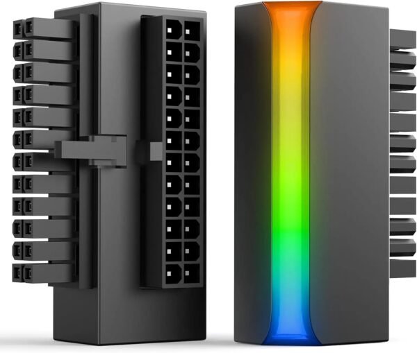 AsiaHorse 24 Pin 90° ATX Adapter with ARGB Lighting | Easy Cable Management, 5V 3-Pin Sync, 6 Addressable LEDs, Universal ATX Compatibility – Black