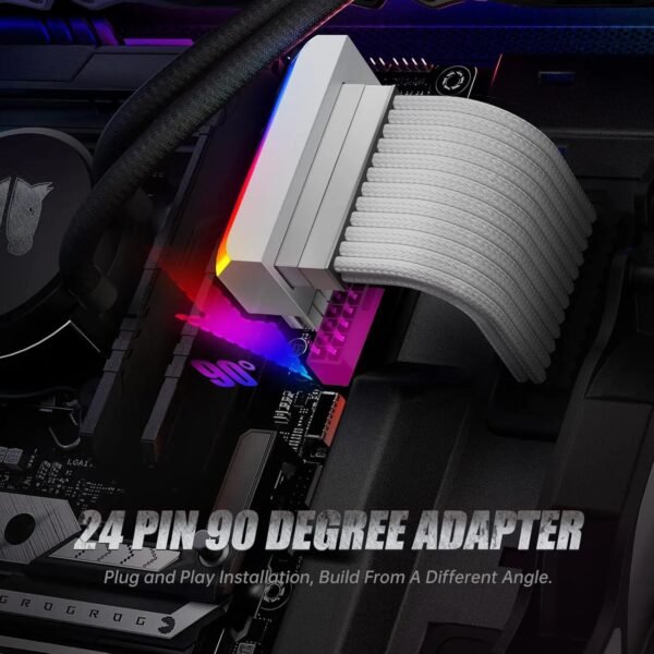 2025/12/1000384984.jpg AsiaHorse 24 Pin 90° ATX Adapter with ARGB Lighting | Easy Cable Management, 5V 3-Pin Sync, 6 Addressable LEDs, Universal ATX Compatibility – White