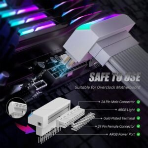 2025/12/1000384986.jpg AsiaHorse 24 Pin 90° ATX Adapter with ARGB Lighting | Easy Cable Management, 5V 3-Pin Sync, 6 Addressable LEDs, Universal ATX Compatibility – White