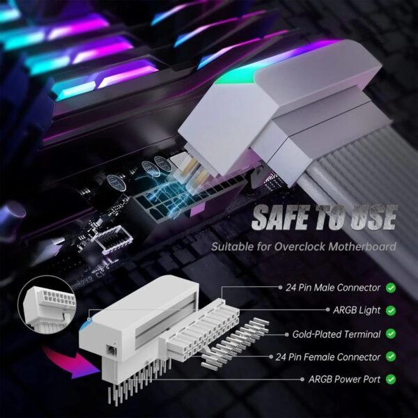 2025/12/1000384986.jpg AsiaHorse 24 Pin 90° ATX Adapter with ARGB Lighting | Easy Cable Management, 5V 3-Pin Sync, 6 Addressable LEDs, Universal ATX Compatibility – White