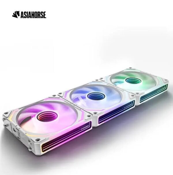 ASIAHORSE COSMIQ ARGB 120mm Daisy Chain PWM Fan 3-Pack – 2000 RPM, 68.5 CFM, Music-Sync RGB Controller, Forward Blades, Silent FBD Bearings, Cable Management, White