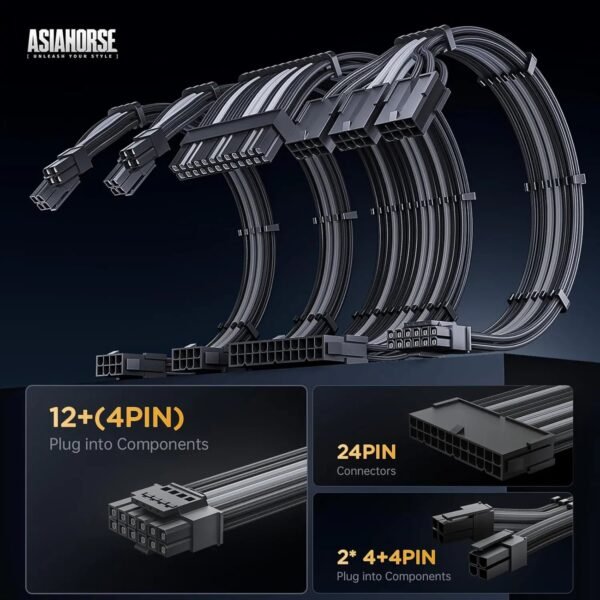 2025/12/1000385234-1.jpg ASIAHORSE 16AWG PCIe 5.0 4KIT to 3-End 180° GPU Extension Cable – 300mm, Alloy Copper Gold-Plated Terminals, Compatible with RTX 3090Ti, 40 & 50 Series, Black Grey