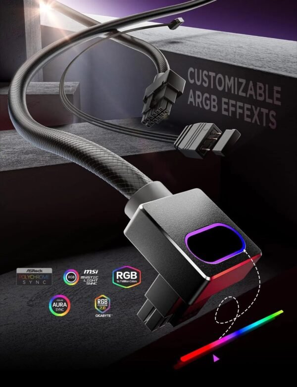 ASIAHORSE HYDRUS 16-Pin ARGB GPU A Extension Cable 50cm – Black, 18AWG, 12VHPWR, 30A Current, 450W Rated Power, PVC Build, Addressable RGB Lighting