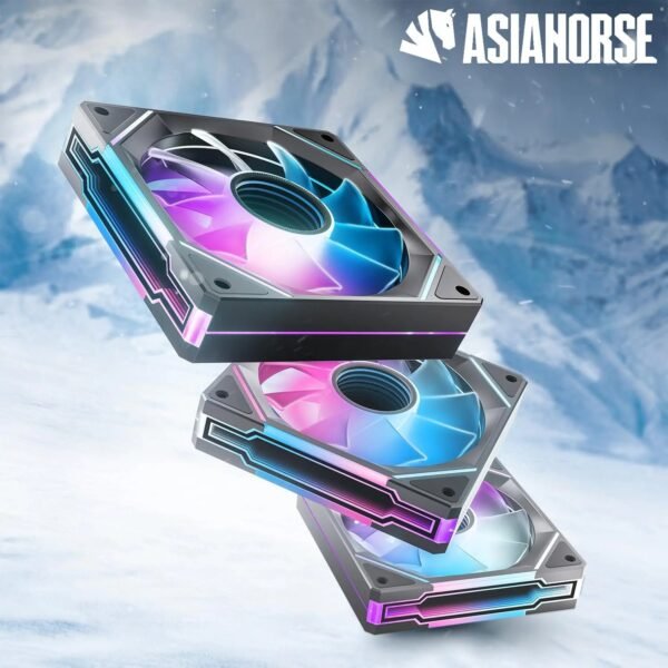 AsiaHorse AMICI GT ARGB 120mm PWM Fan 3-Pack – Forward Black, Infinity Mirror, 24 ARGB LEDs, 1800RPM, 68.5CFM, 2.0mmH2O, HDB Bearing, Low Noise 30dB, Sync-Compatible