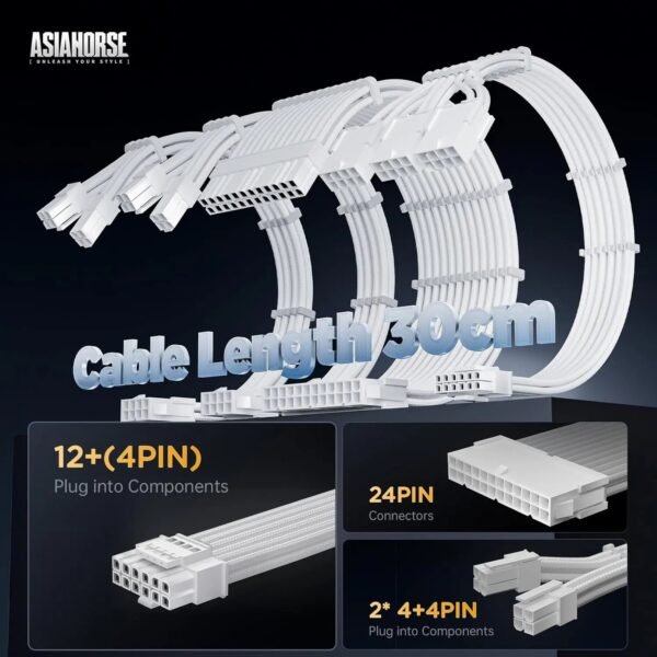 2025/12/1000385369.jpg ASIAHORSE 16AWG PCIe 5.0 4KIT to 3-End 180° GPU Extension Cable – 300mm, Alloy Copper Gold-Plated Terminals, Compatible with RTX 3090Ti, 40 & 50 Series (Snow White)