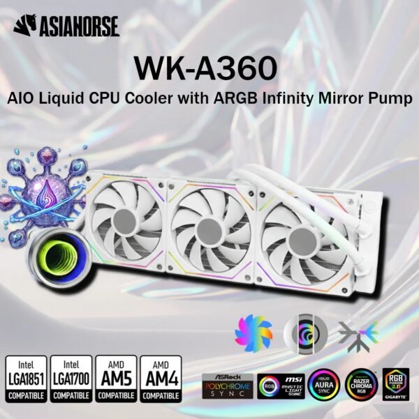 2025/12/1000385536.jpg ASIAHORSE WK-A360 AIO Liquid CPU Cooler | Cylinder Infinity Mirror ARGB Pump, 360mm Radiator, 3x 120mm Fans With White Blades & ARGB Strip Frame | WHITE