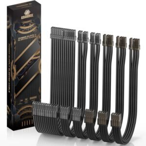 Asiahorse 16AWG Transparent Sleeved PSU Extension Cable Kit – 6-Pack, 300mm, PET Braided, Gold-Plated Terminals, Soft Material, Dual CPU Support, Black